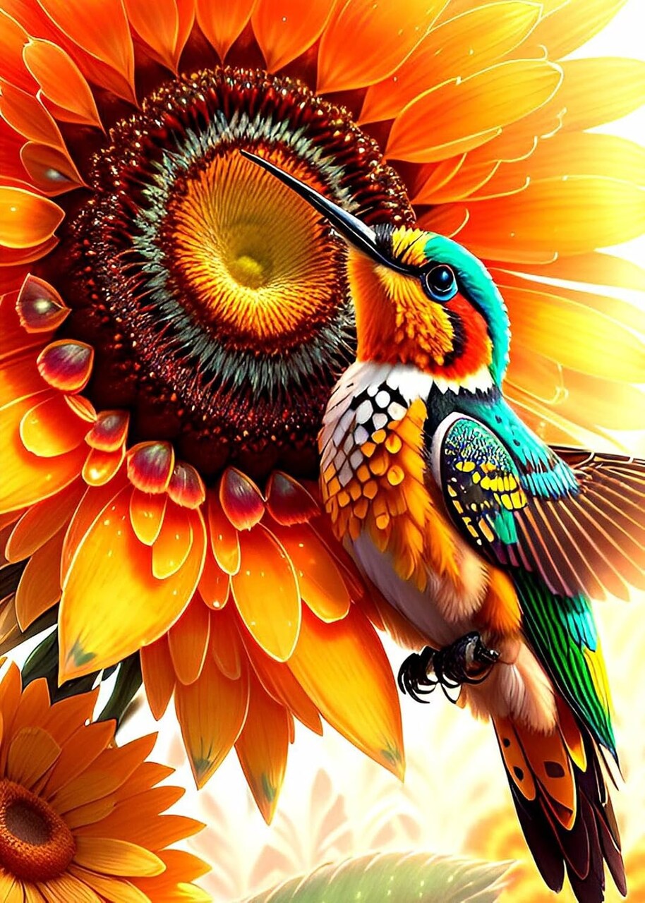 Hummingbird Diamond Painting Kit – 5D Bird & Sunflower DIY Full Round Drill Gem Art, 12x16 Inch Wall Décor for Adults & Beginners